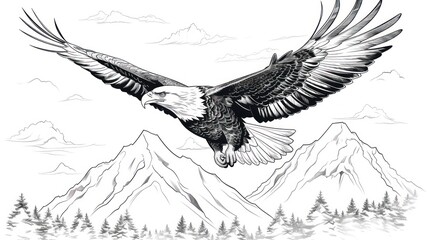 Bald eagle soaring over mountains
