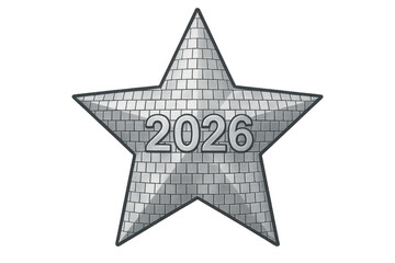 Silver metallic star celebrating year 2026 on transparent background