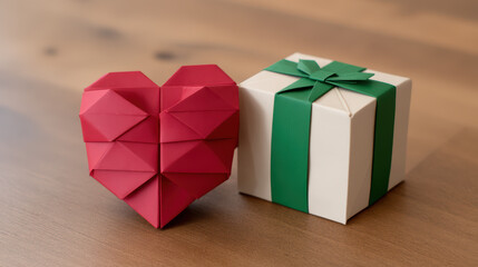 A red origami heart sits next to a wrapped gift box with a green bow, symbolizing love and celebration on a wooden surface.