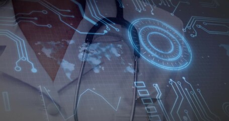 World map overlaying coat leading doctor adjusting stethoscope while showing care with digital tech - Powered by Adobe