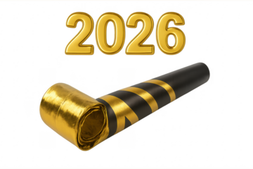 Golden party horn and 2026 sign celebrating new year's eve on transparent background