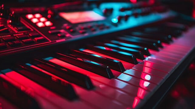 Close-up of a keyboard synthesizer illuminated with red and blue lighting, highlighting keys and control panel.
