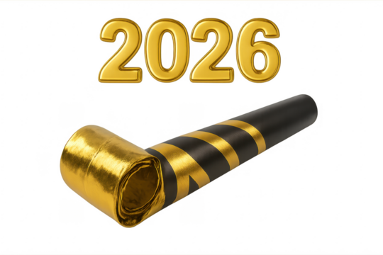 Golden party horn and 2026 sign celebrating new year's eve on transparent background