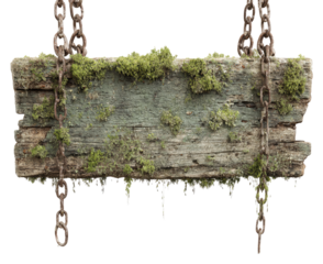 Weathered wooden signboard, hanging by chains, overgrown with moss