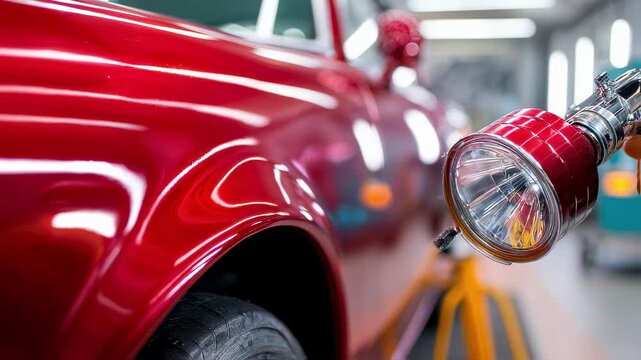 Professional repainting a repaired section of a fender crisp detail on the paint spray gun with a softly blurred car and equipment behind
