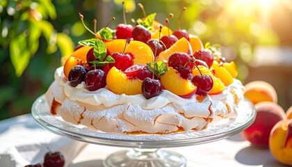 Sweet meringue dessert topped with fresh summer fruits and creamy whipped cream.