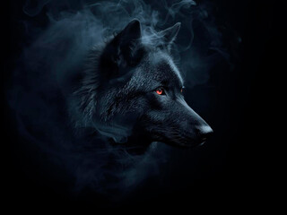 Black wolf head in shadow created with Generative AI