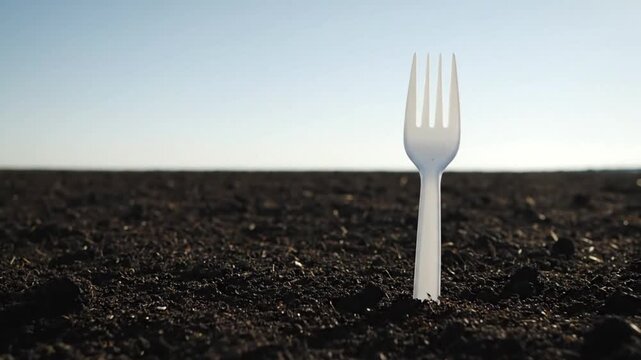 Close Up of a Single White Plastic Fork Stuck Upright in Dark Barren Earth Against a Bright Sky Symbolizing Global Plastic Pollution and Environmental Waste Pro