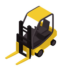 Isometric illustration of a yellow forklift with black mast, long forks, operator cabin, four wheels 黄と黒のフォークリフトのアイソメトリックイラスト、黒色マスト、長いフォーク、運転席キャビン、四輪 © ADS-MSL Asset Seller