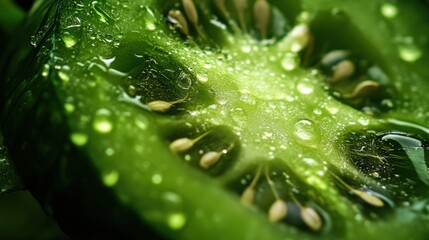 Close-up view of a juicy kiwi slice with water droplets.