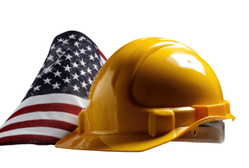American flag draped beside a bright yellow hard hat