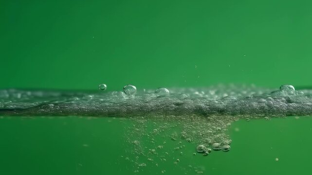 Macro shot of clear cavitation bubbles bubbling and floating upward in ultrasonic jewelry cleaner solution demonstrating sanitizing action in isolated green environment.