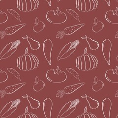 Contouring vegetables and fruits on the dark red background repeatable pattern