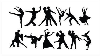 Dynamic Dance Silhouettes A Rhythmic Symphony of Movement and Expression Featuring Various Styles and Poses Set Against a White Canvas