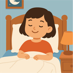 Cartoon girl sleeping peacefully in bed illustration