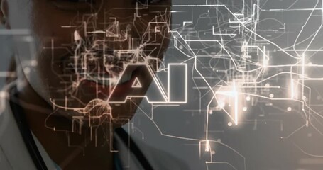 Doctor with stethoscope encountering digital network forming AI display for healthcare integration - Powered by Adobe