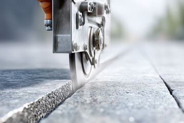 Concrete cutting machine making precise line on pavement