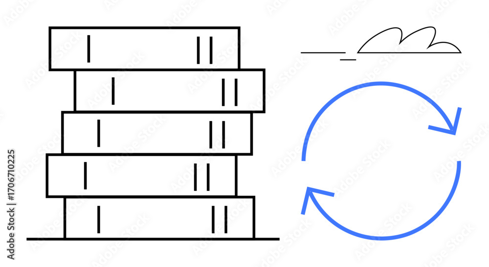 Poster stack of books alongside circular arrows symbolizing reading, knowledge exchange, continuous learnin