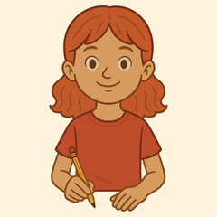 Cartoon redhead girl student writing with pencil illustration