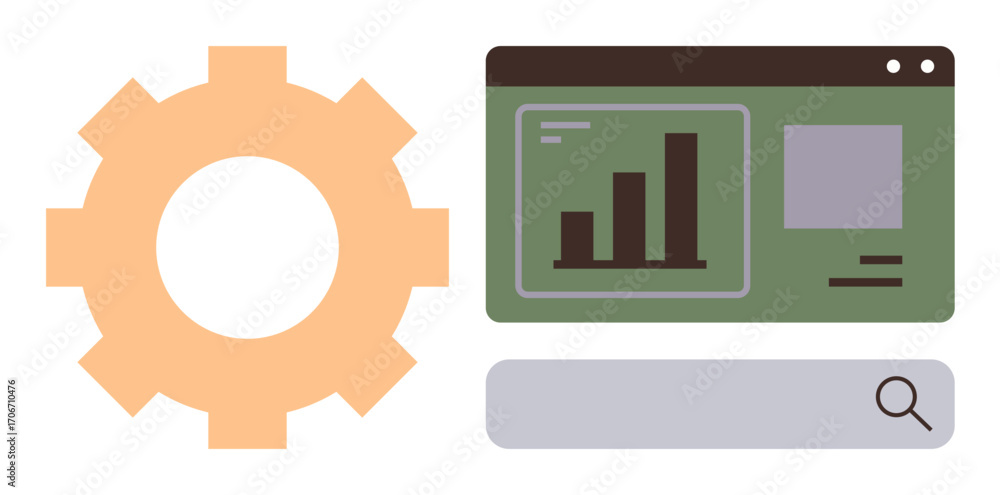 Poster gear beside dashboard showing bar charts and search bar suggests optimization, analytics, or data pr
