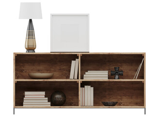 Front view of wooden shelf with books, table lamp and photo frame isolated on transparent background PNG