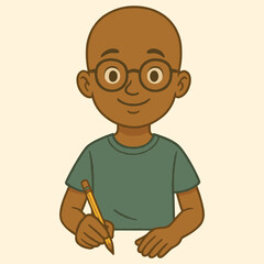 Cartoon boy student with glasses writing at desk illustration