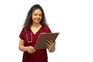 Young female nurse smiling while reading a medical chart on a clipboard, isolated on transparent background