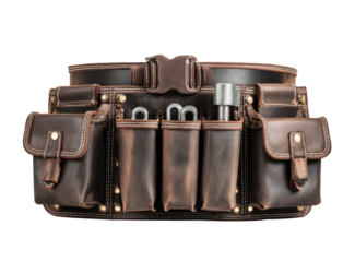 Dark brown leather tool belt with multiple pockets