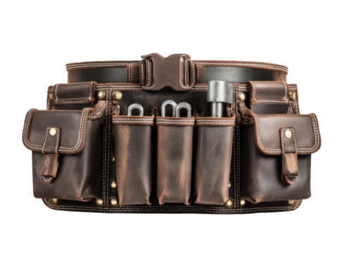 Dark brown leather tool belt with multiple pockets