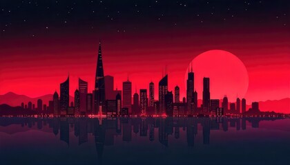 A cityscape silhouette with a red sky and a large sun reflecting on the water below at night time