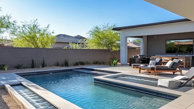 A tranquil modern backyard retreat featuring a clear blue swimming pool, relaxing spa, and chic outdoor lounge area