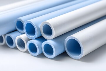 Stack of blue and white PVC water pipes.