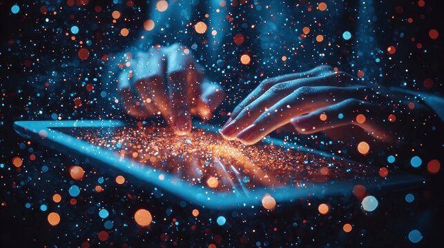 Hands interacting with glowing tablet screen - Powered by Adobe