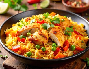 Appetizing chicken fried rice in a hot pan.