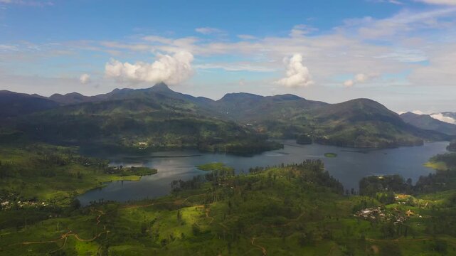 Top view of lake among tea estate in the mountains. Tea plantations. Sri Pada, Adam's Peak, Sri Lanka.
