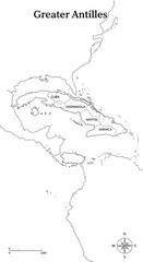 Greater Antilles Outline Map with Cuba, Jamaica, and Hispaniola
