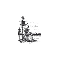Obraz premium vector illustration in an engraving style, depicting a full skeleton sitting calmly on a chopped tree stump near a lake or river, with pine trees in the background