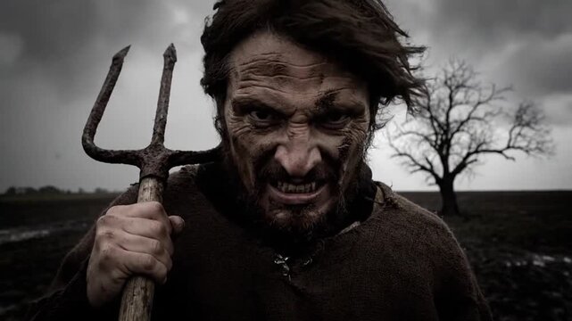 Enraged Muddy Peasant Man with Rusty Pitchfork Stares Menacingly Embodying Grim Horror and Struggle on a Desolate Stormy Field