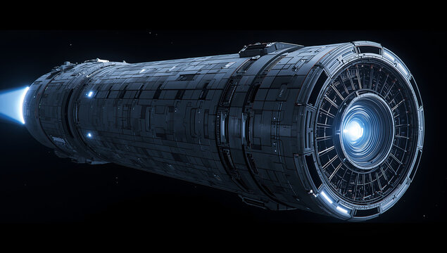 Cel-shaded sci-fi cylindrical spaceship for technocrat faction, long rotating barrel hull of interlocking steel grids and symmetrical struts. 