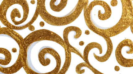 Gold glitter swirls on black background.  Intricate, repeating pattern of swirling, gold designs.  White outlines enhance the shapes. Small, gold-colored dots punctuate the swirls