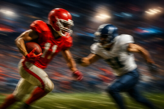A dynamic moment of athleticism captured in motion as a football player rushes forward, pursued by an opponent, with an intense blur of speed.