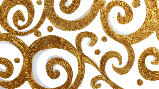 Gold glitter swirls on black background.  Intricate, repeating pattern of swirling, gold designs.  White outlines enhance the shapes. Small, gold-colored dots punctuate the swirls