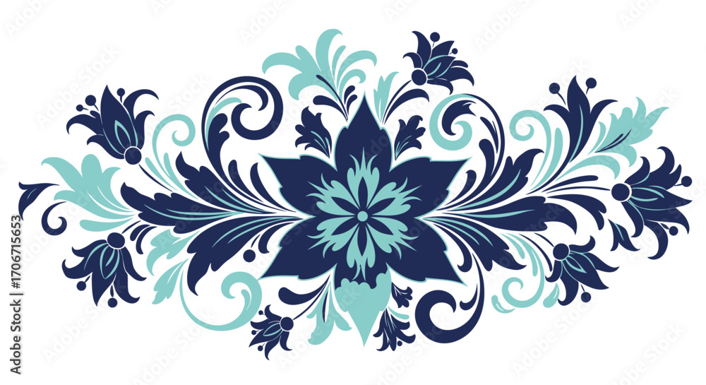 Poster elegant vector flourish design in shades of blue, featuring intricate floral patterns and swirling e