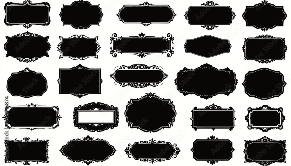 Poster a collection of elegant black ornate frames and decorative labels, featuring intricate scrollwork an