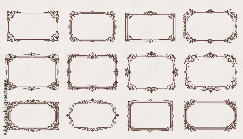 Poster elegant collection of twelve ornate vector frames, perfect for adding a touch of vintage sophisticat