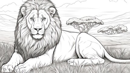 Lion resting in savannah landscape