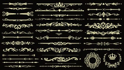 Elegant golden ornate dividers and decorative elements with flourishes and swirls on a black background, perfect for design.