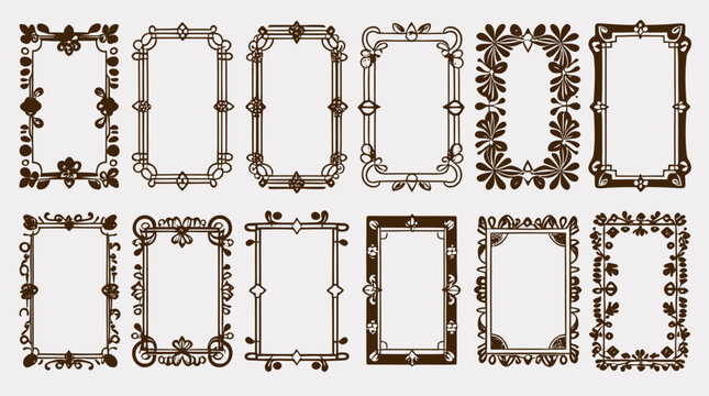 Twelve ornate vector frames in PNG format, featuring flourish designs, perfect for adding a vintage or classic touch to your projects, ideal for invitations, certificates, or scrapbooking.