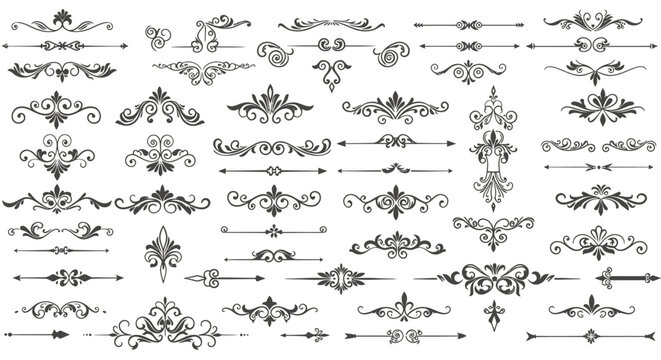 An elegant set of vector flourishes and design elements in a classic, vintage style, perfect for adding decorative touches to any creative project or design composition.