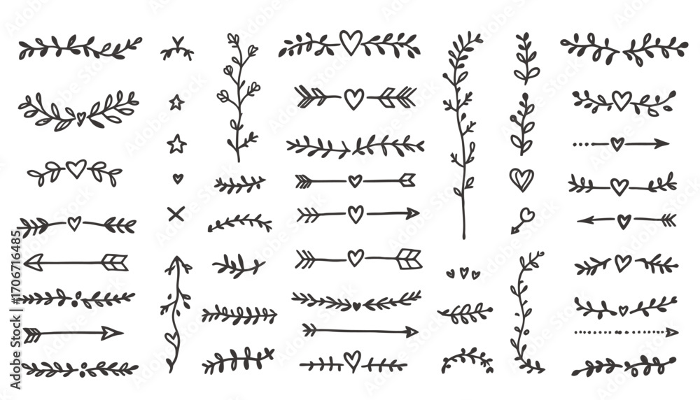 Poster elegant vector flourishes and dividers, featuring botanical elements and heart accents, perfect for 